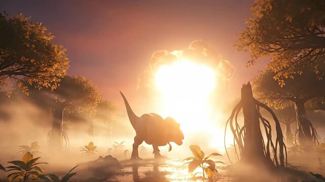 Pixelated Dinosaur Roars as Meteor Streaks Across Dramatic Sunset Sky Over Misty Forest