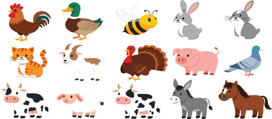 Fototapeta premium Cute Farm and Domestic Animals Cartoon Vector Set Including Cow Pig Horse Donkey Sheep Goat Chicken Duck Rabbit Cat Bee Pigeon