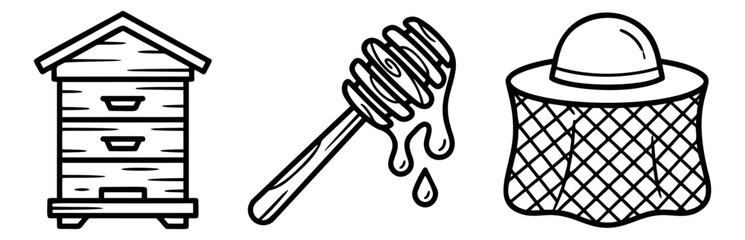 Obraz premium Hand drawn line art beekeeping icons set featuring a beehive, honey dipper, and beekeeper's hat for honey production