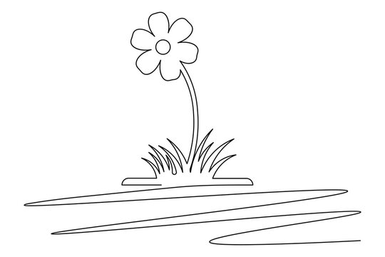 Continuous one line drawing of a blooming flower and grass minimalist nature line art illustration