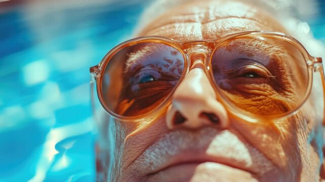 Elderly man enjoying a swim with his eyes closed.