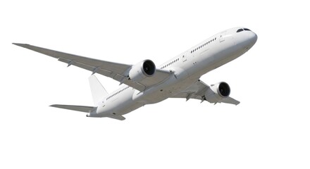 Obraz premium Modern white passenger airplane flying, isolated on a clean white background. Air travel concept.