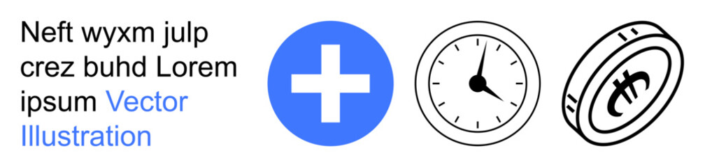 Obraz premium Healthcare, time tracking, financial management, emergency services, medical aid, wellness budgeting. A blue medical cross, clock and currency symbol. Healthcare and time management concepts