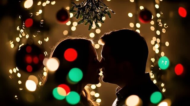 Silhouetted couple kissing under mistletoe with festive bokeh lights in the background