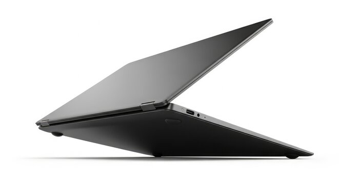 Sleek dark grey laptop, partially open, with visible ports, isolated on a clean white background.