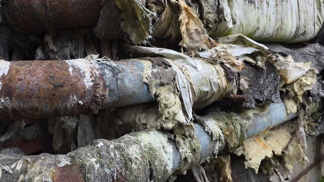 Old corroded pipelines with deteriorating insulation and rust, showcasing industrial decay, environmental pollution, and outdated infrastructure needing maintenance