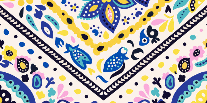 Colorful bohemian pattern with stylized birds flowers and geometric shapes