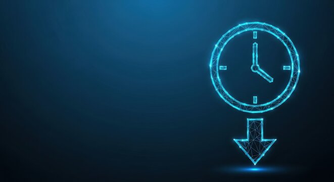 Digital clock icon with downward arrow illustrating time reduction or efficiency in a futuristic blue digital space