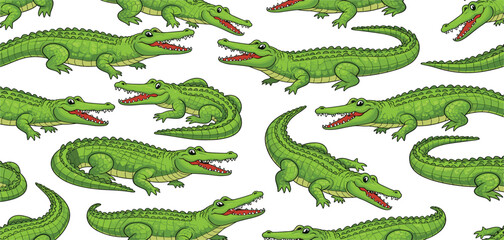 Fototapeta premium Seamless pattern with green cartoon crocodiles and alligators in various poses on a white background for children fabric, wallpaper, wrapping paper, and nursery textile design