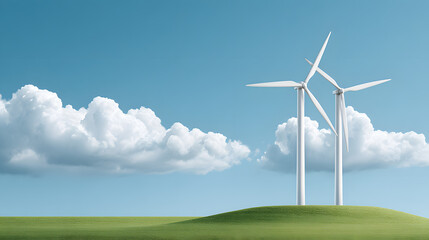 Fototapeta premium Wind turbines generating green energy under a blue sky. The wind turbines are set in a green landscape and clouds