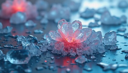 Crystalline Ice Flower With Internal Red Glow On Dark Reflective Surface Macro Shot Close Up Crystal Formation Abstract