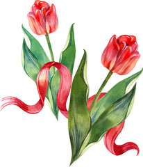 Vibrant watercolor illustration of two red tulips entwined with a flowing red silk ribbon. This elegant botanical composition features hand-painted textures and soft shadows
