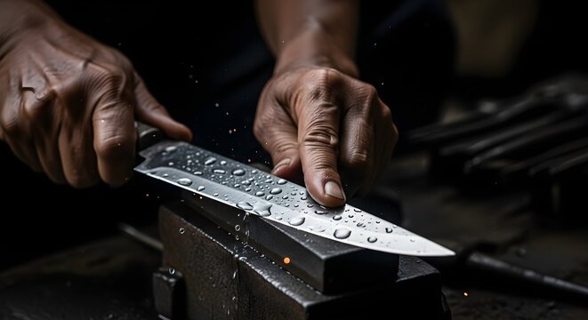 Artisan hands sharpening a steel knife on a wet whetstone
