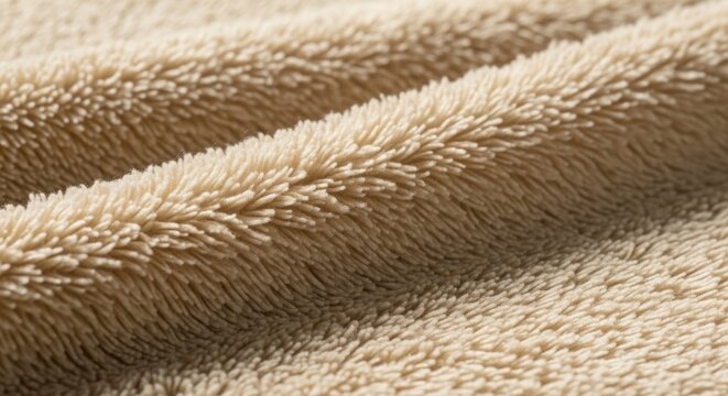 Soft, fluffy beige fabric texture with warm, cozy folds, ideal for backgrounds and textiles.