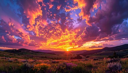 A vibrant sunset paints the sky above a grassy meadow and rolling hills