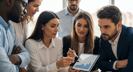 Obraz premium Business Meeting with Diverse Professionals Analyzing Data on Digital Tablet.