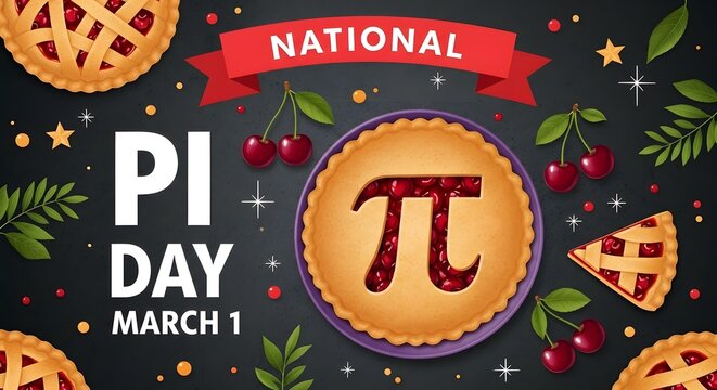  National Pi Day Banner with Math Symbol and Tasty Pie on Black Background