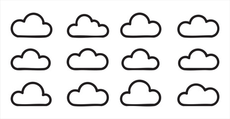Set of simple thick line cloud icons, various shapes, weather forecast symbol, vector