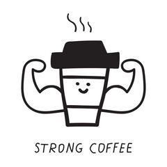 Obraz premium Coffee Cup Character Flexing Muscles. Black Outline Hand Drawn Vector Illustration.