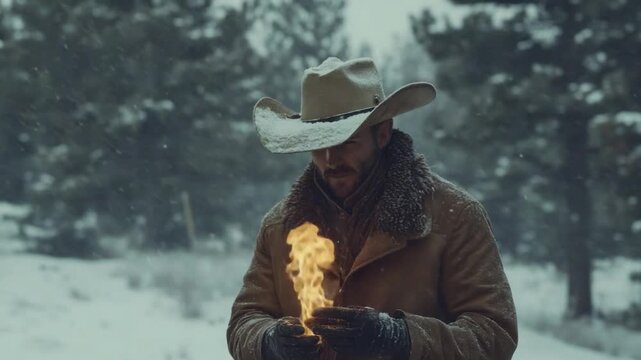 A cowboy in winter snow holds a small flame in his hands, trees in background