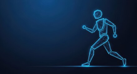 Digital Futuristic Humanoid Figure in Motion Against a Dark Blue Neon Background, Representing Technology and Abstract Form
