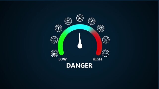 Danger gauge meter with indicating risk levels and safety concerns on a dark background for business and technology concepts