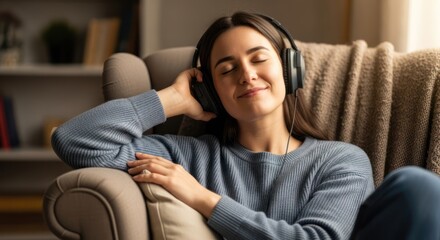 Fototapeta premium A woman relaxing with headphones on, seated in a cozy armchair in a living room setting.