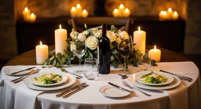 An elegant dining setup with a white tablecloth, lit candles, and a bottle of wine, set against a fireplace backdrop, creating a romantic and intimate atmosphere.