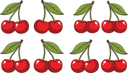 Fresh red cherry fruit vector collection with green leaves for summer food branding healthy snacks menu design and sweet berry stickers. © Ismail