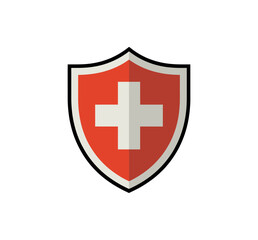 Obraz premium A red shield icon with a white cross, symbolizing protection and medical care in a simple, flat design.