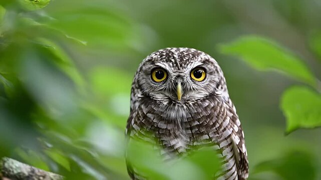Spotted owlet with bright yellow eyes in lush green foliage