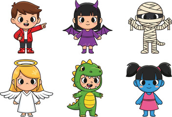 Cute kids halloween costume cartoon characters set with devil, mummy, angel and monster outfits, playful children illustration for party design, animation, and festive themes