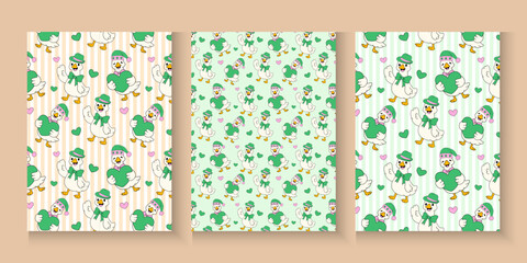 St Patrick silly goose poster or cards set background. goose cartoon hand drawn, for banner, greeting card, sticker and t shirt sublimation. Goose pattern in cute green color