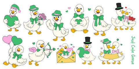 St Patrick silly goose poster or cards set background. goose cartoon hand drawn, for banner, greeting card, sticker and t shirt sublimation. Goose pattern in cute green color © Sri drawing