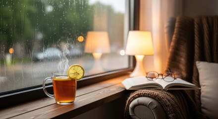 A cozy indoor scene with a steaming cup of tea on a rainy day, evoking a sense of comfort and relaxation.