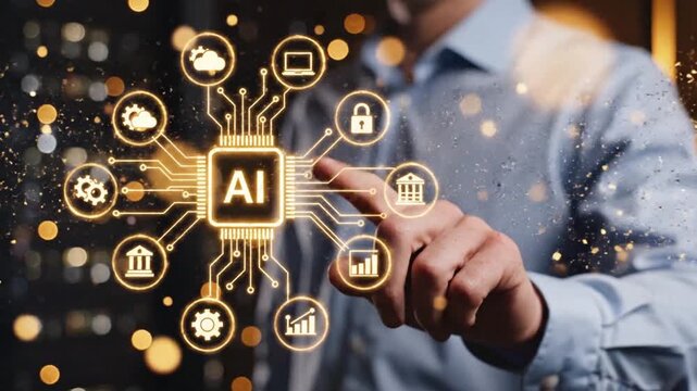 Human hand interacting with glowing artificial intelligence circuit board and digital icons representing cloud computing data security finance and education concepts dynamic motion graphics footage