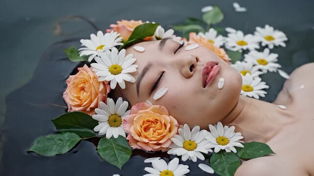 Peaceful woman surrounded by roses and daisies in water