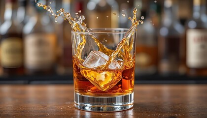 Whiskey splashing into glass with ice on wooden bar
