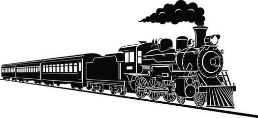 Classic Steam Train Locomotive, Vintage Railway Engine Black Silhouette Illustration for Historic Transportation Travel and Industrial Revolution Concept © MstLaila