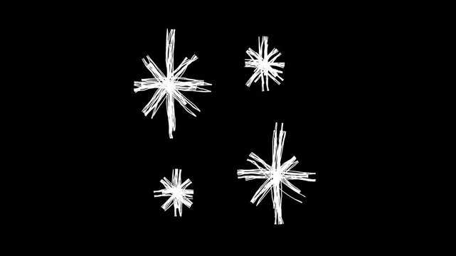 キラキラの落書き線画イラスト。線が動く手描きのアイコン動画。ループする4Kアニメーション。黒背景に白いペンでフリーハンドで描いた絵のデコレーションスタンプ