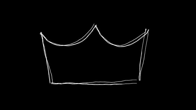シンプルな王冠の落書き線画イラスト。線が動く手描きのアイコン動画。ループする4Kアニメーション。黒背景に白いペンでフリーハンドで描いた絵のデコレーションスタンプ