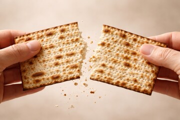 Hands hold and break a piece of matzo bread, with visible crumbs falling, set against a soft, neutral background that emphasizes the bread's texture