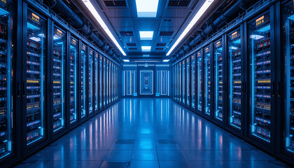 Fototapeta premium Modern data center with rows of server racks and blue lighting