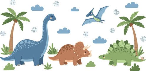 PrintCute hand drawn dinosaur collection with Brachiosaurus Triceratops Stegosaurus and Pterodactyl in prehistoric landscape with palm trees clouds and plants for nursery design. © Ismail