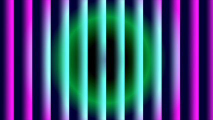 Glowing purple and turquoise vertical bars with soft central green circular light burst on dark base