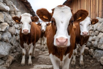 Group of dairy cows looking at camera on farm path