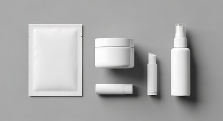 Collection of essential blank white cosmetic product containers, perfect for a clean and professional Business MockUp template to showcase branding designs