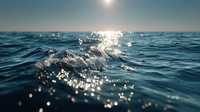 of the azure horizon where the sun creates a shimmering mirror effect on the sea surface, perfect bilateral symmetry, soft bokeh on the distant waves, brilliant white light reflecting off the 