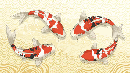 Traditional Japanese illustration of colorful koi fish swimming in a circle over golden wave patterns for a serene water theme.