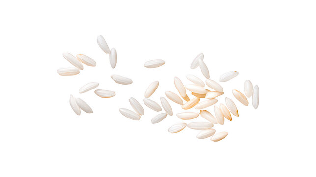 Scattered white rice grains suspended in air, isolated on a transparent background for culinary use
